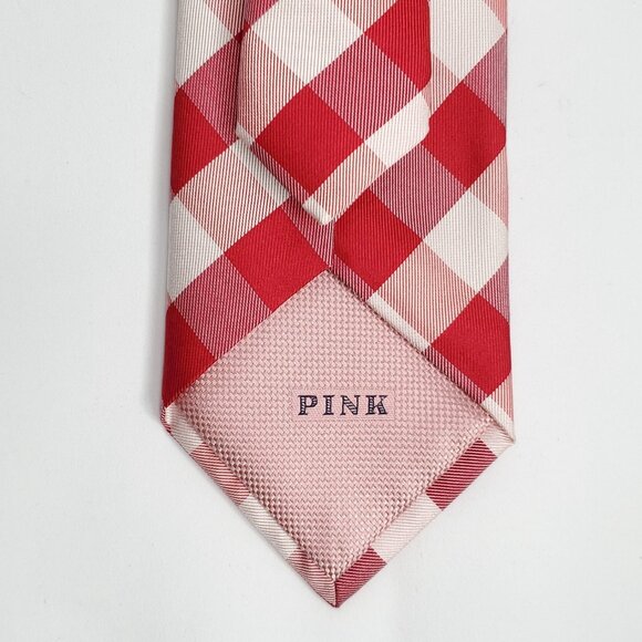 Thomas Pink Silk Tie Red White Plaid Check Italy - Picture 4 of 4